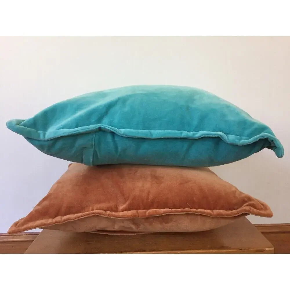 Pair Surya Velour Velvet Cotton Orange + Aqua Zip Up Square Throw Pillows 18x18